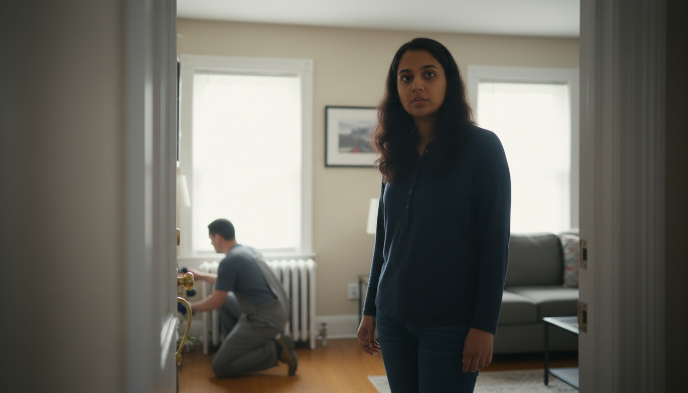 Renter standing in her Boston apartment living room while a maintenance worker inspects a radiator behind her