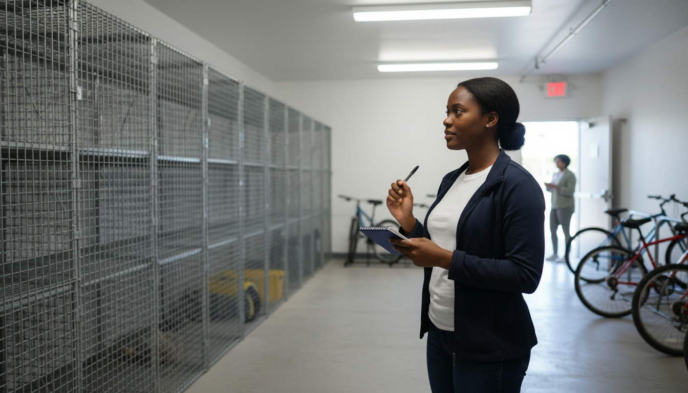 Renter taking notes on her phone and notebook in a bright ground-floor storage and bike room during an apartment tour