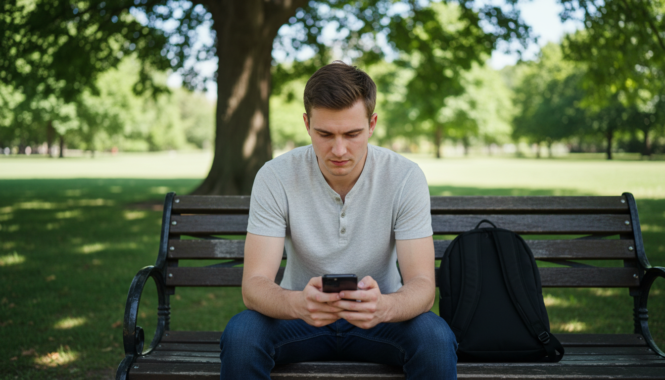 Renter sitting on a wooden park bench under green trees, looking down at his phone, backpack beside him on a sunny day