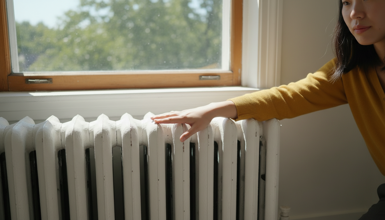 Renter's hand resting on a white cast-iron radiator under an old double-hung window in an older Boston apartment, with leafy trees outside