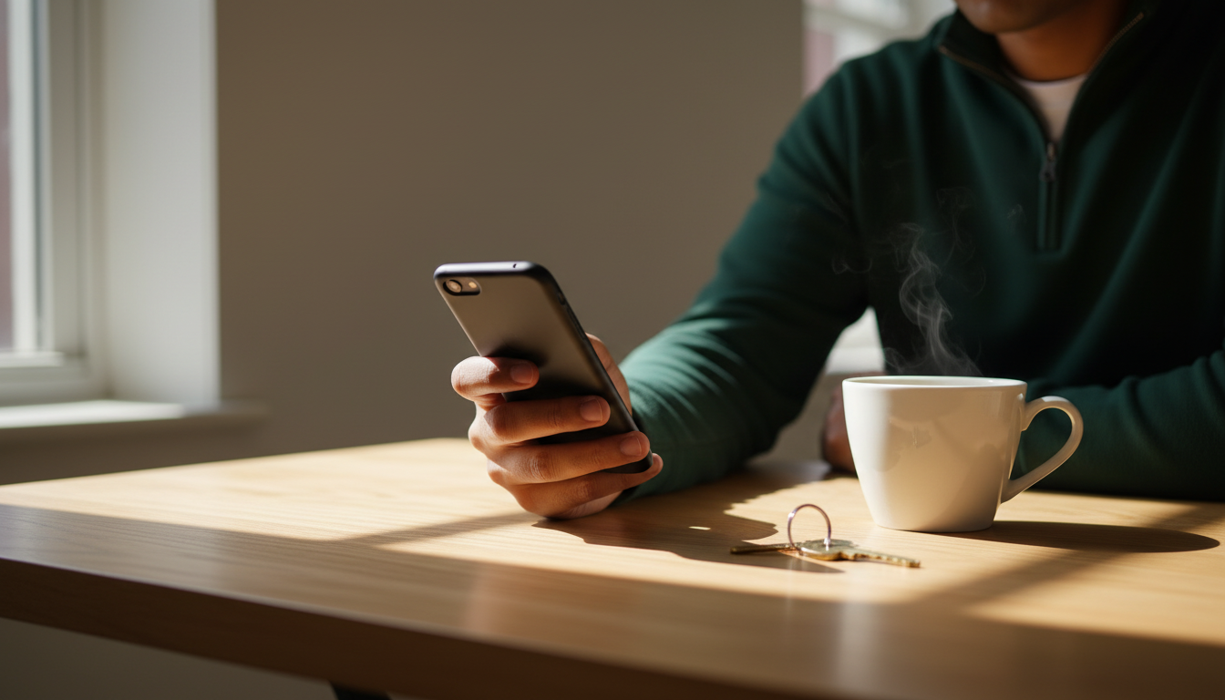 Close-up of a renter's hand holding a phone screen-down beside a coffee cup and a set of keys on a sunlit wooden table