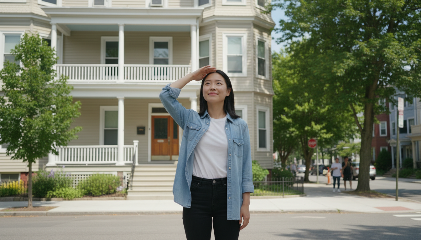 Renter shading her eyes and looking up at a classic Boston triple-decker with stacked porches on a sunny street with leafy trees