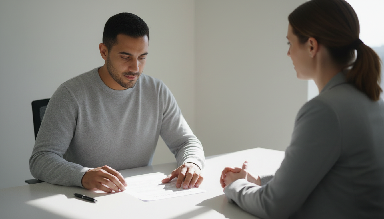 Renter reading the final page of a Boston apartment lease at a leasing office desk before signing