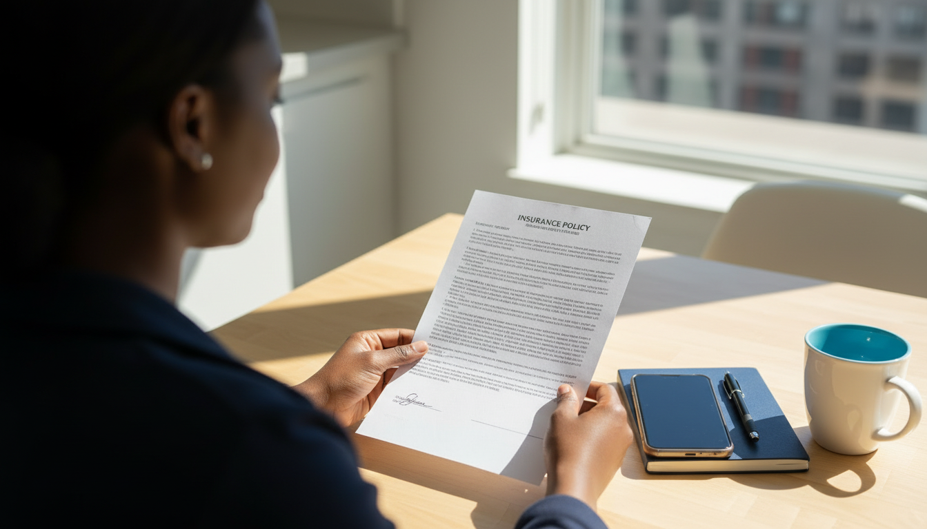 Renter's hands holding a thin printed renters insurance policy at a sunny kitchen table with a phone, notebook and mug