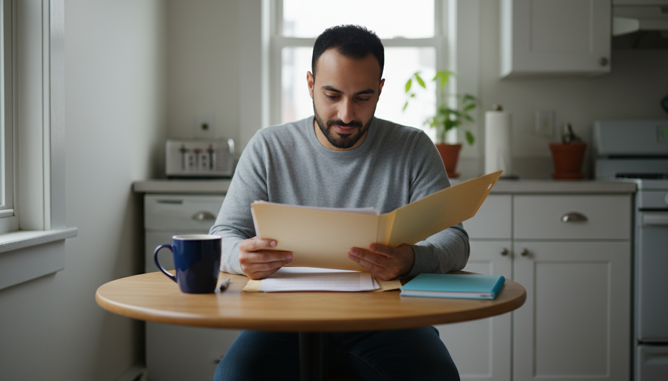 Boston renter sorting paperwork into a folder at a kitchen table, papers angled so no text is readable.