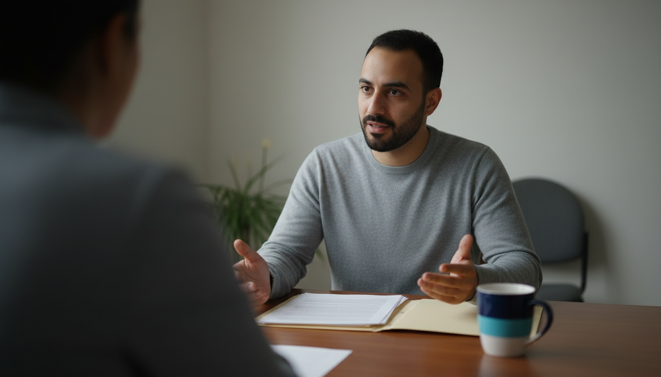 Renter in conversation with an advocate at a community legal aid office, discussing his eviction case.