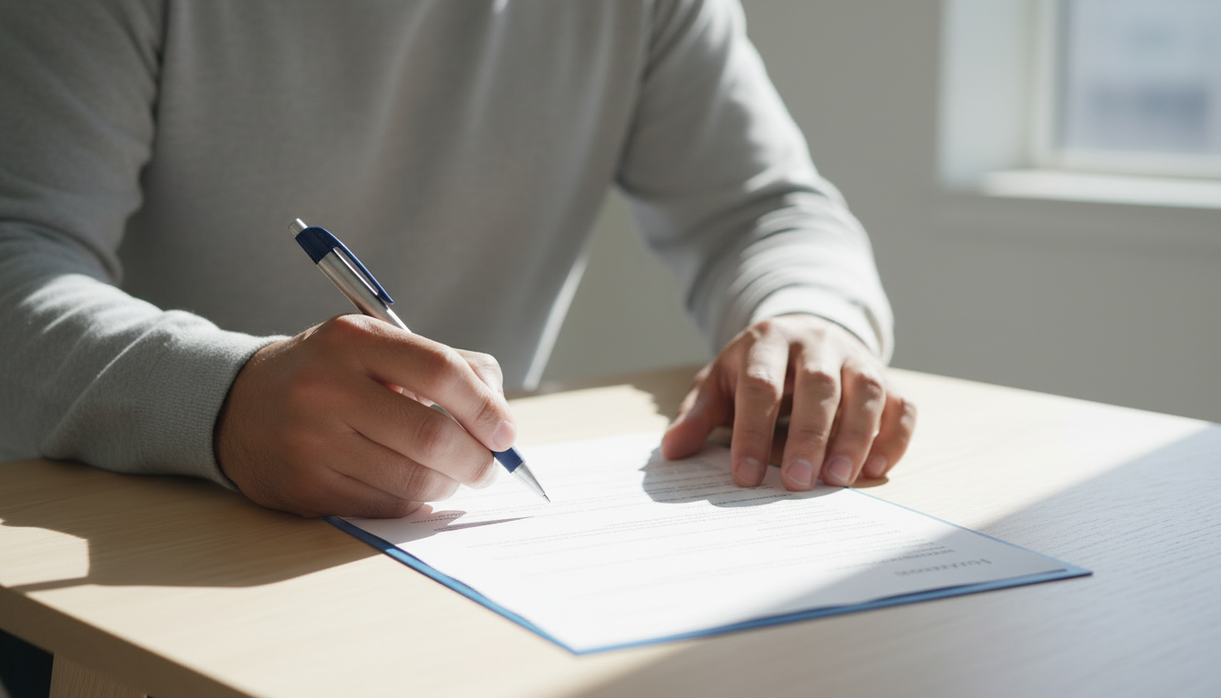 Close-up of a renter's hands initialing a signed addendum on top of a Boston apartment lease