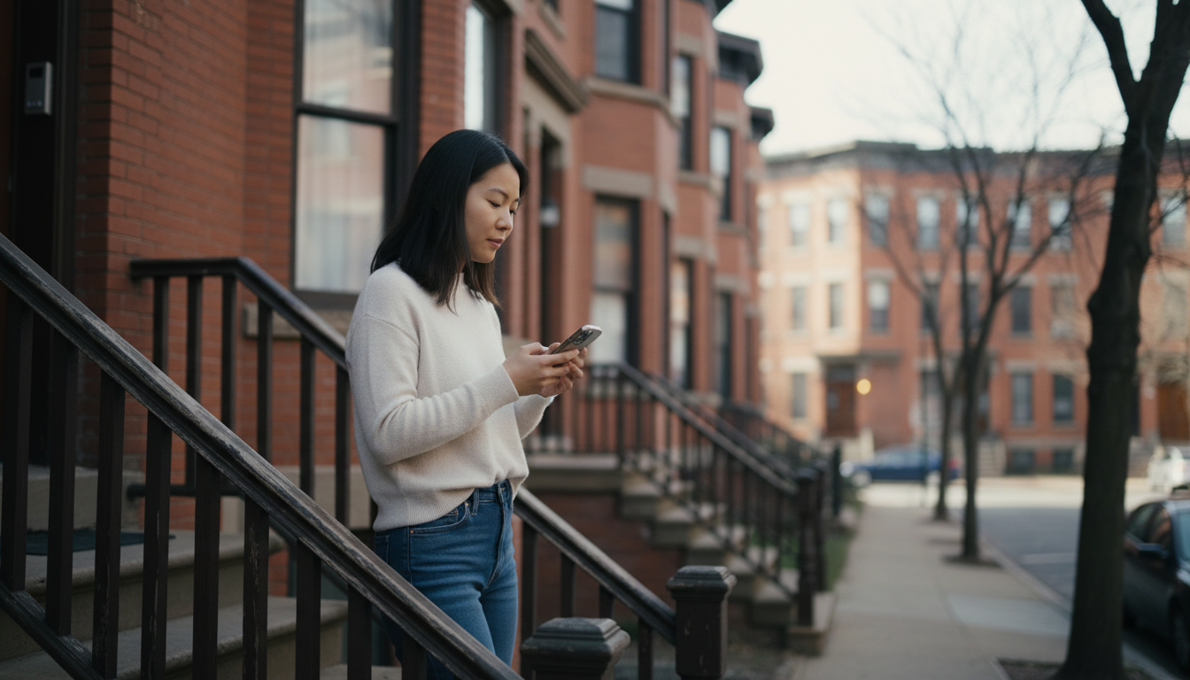Boston renter on her triple-decker stoop texting to arrange landlord access with no written lease in place
