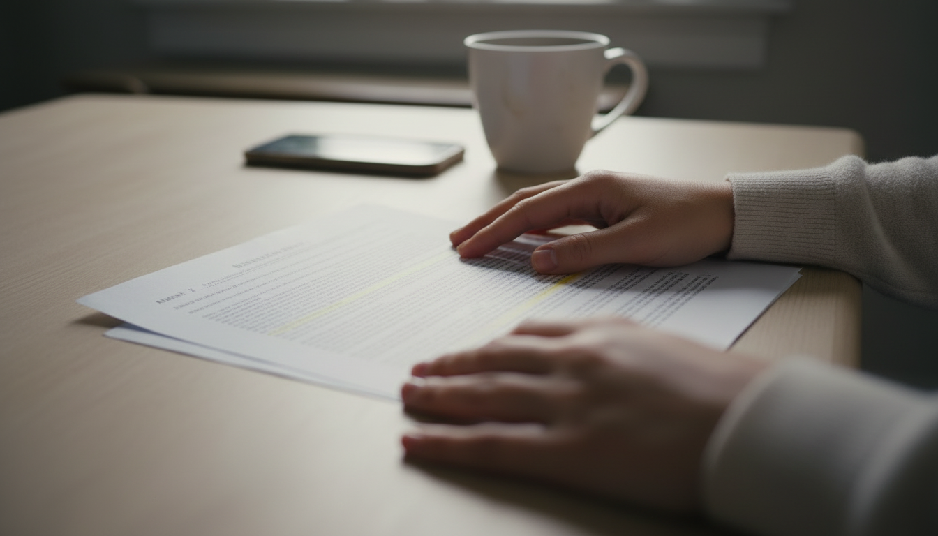Close-up of a renter's hands reviewing the entry clause in a printed Massachusetts lease