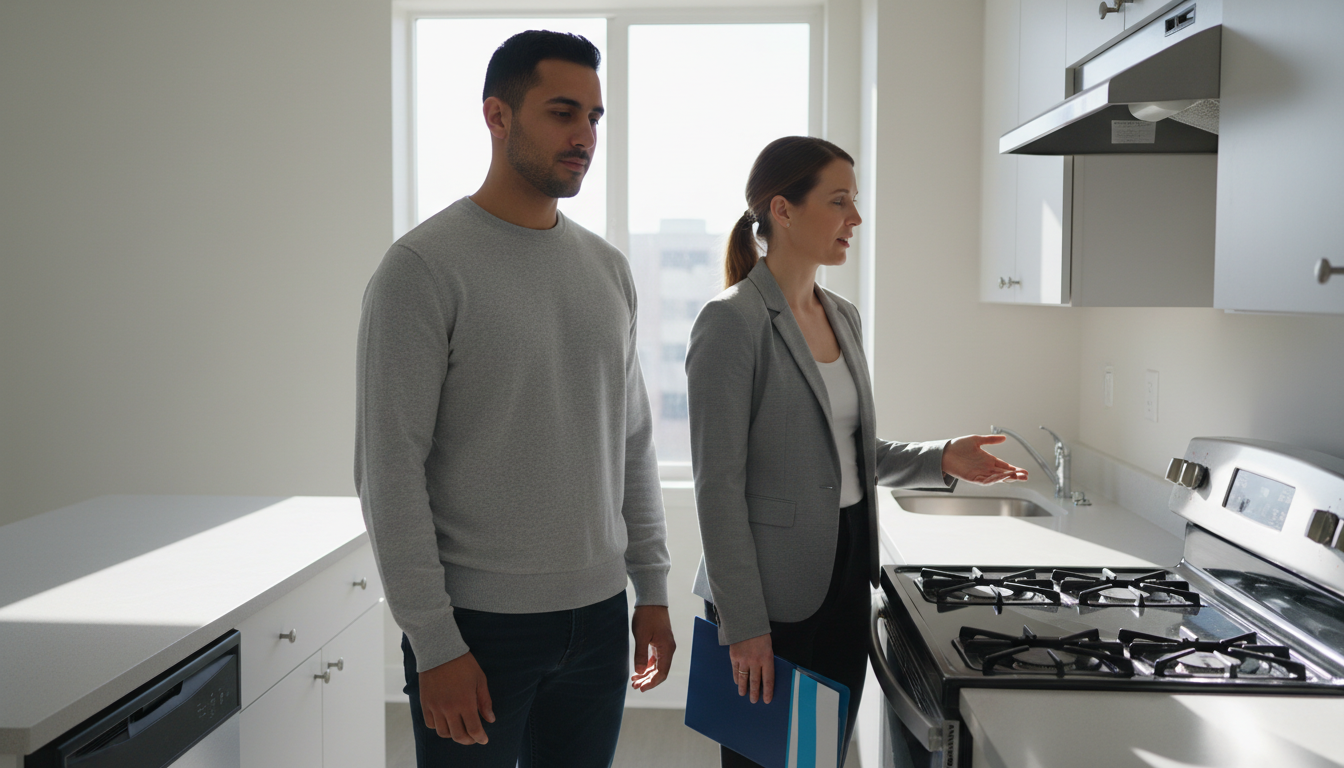 Leasing agent gesturing at a kitchen stove, describing a promised upgrade, while a renter listens during a Boston apartment showing