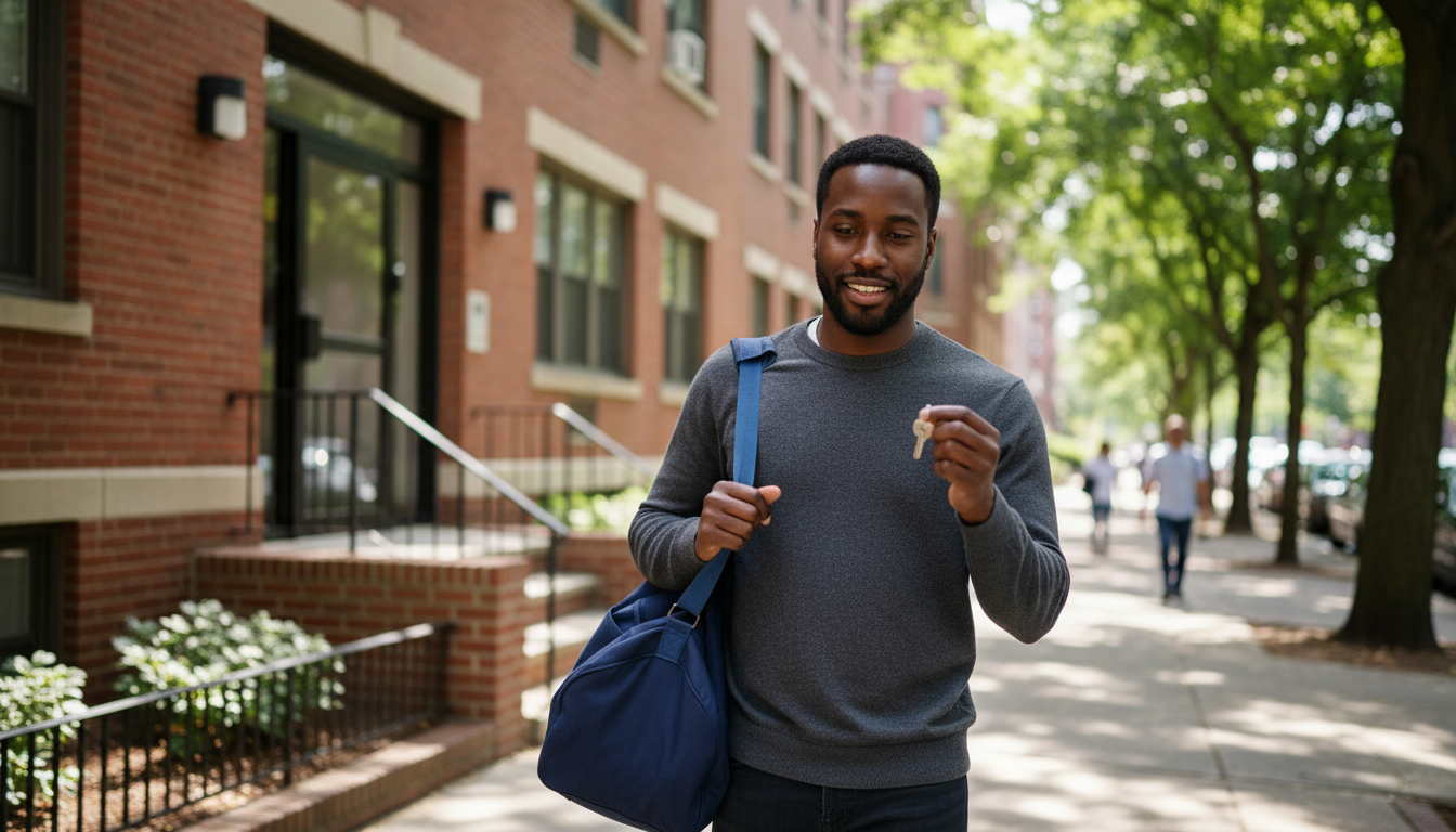 Renter with a duffel bag and a key outside a brick Boston apartment building on a sunny day, ready to move in for a shorter lease