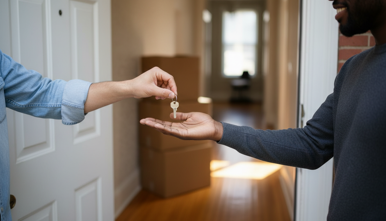 Departing tenant handing an apartment key to the incoming renter at the doorway, with moving boxes in the hall, during a Boston lease takeover