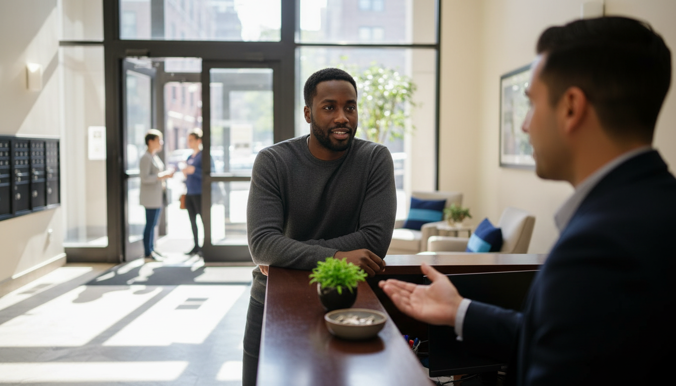 Renter talking with a leasing agent at the front desk of a larger Boston apartment building lobby about shorter lease terms
