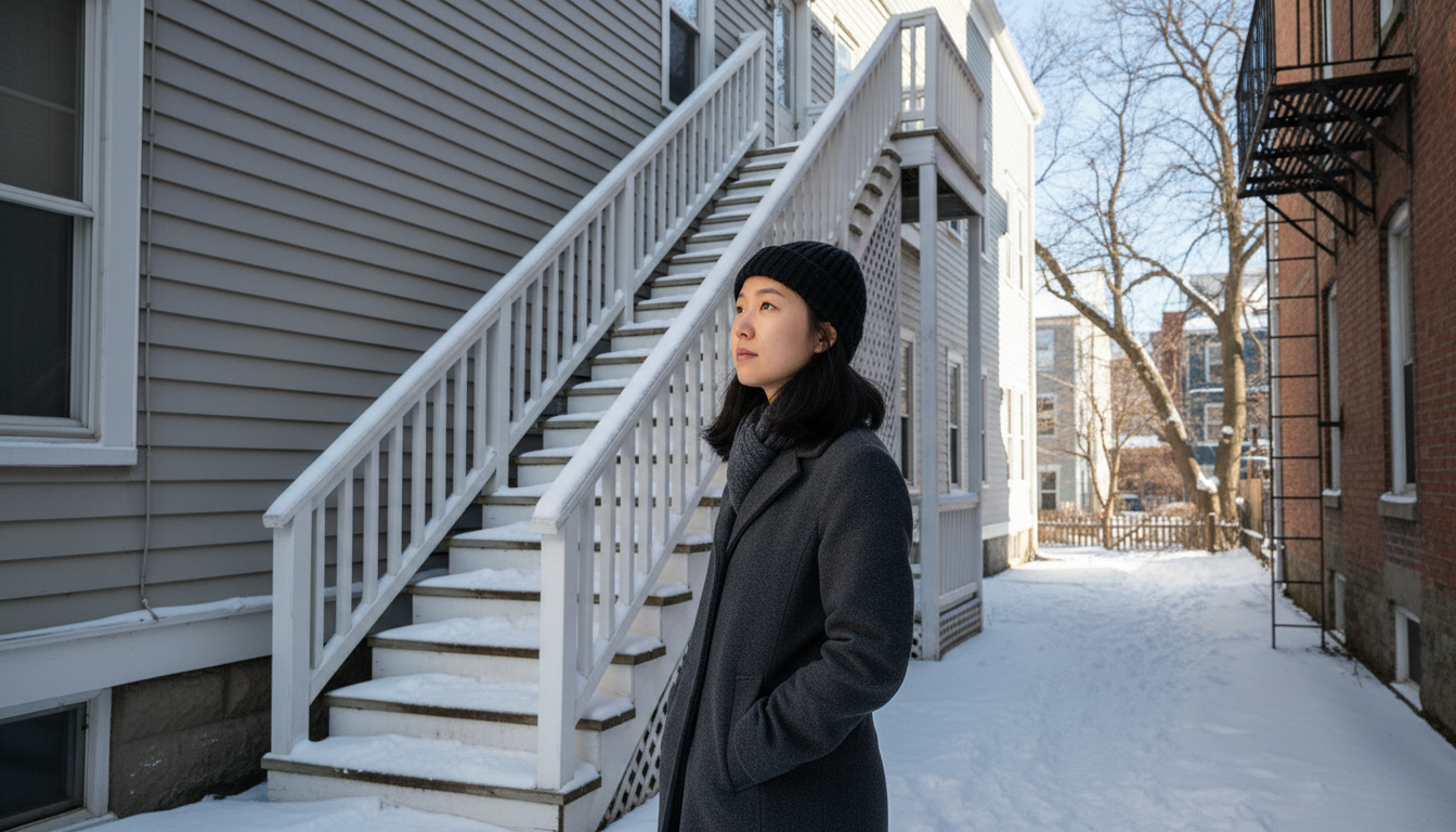A woman in a winter coat standing at the foot of a snow-dusted exterior stairway on the back of a Boston triple-decker