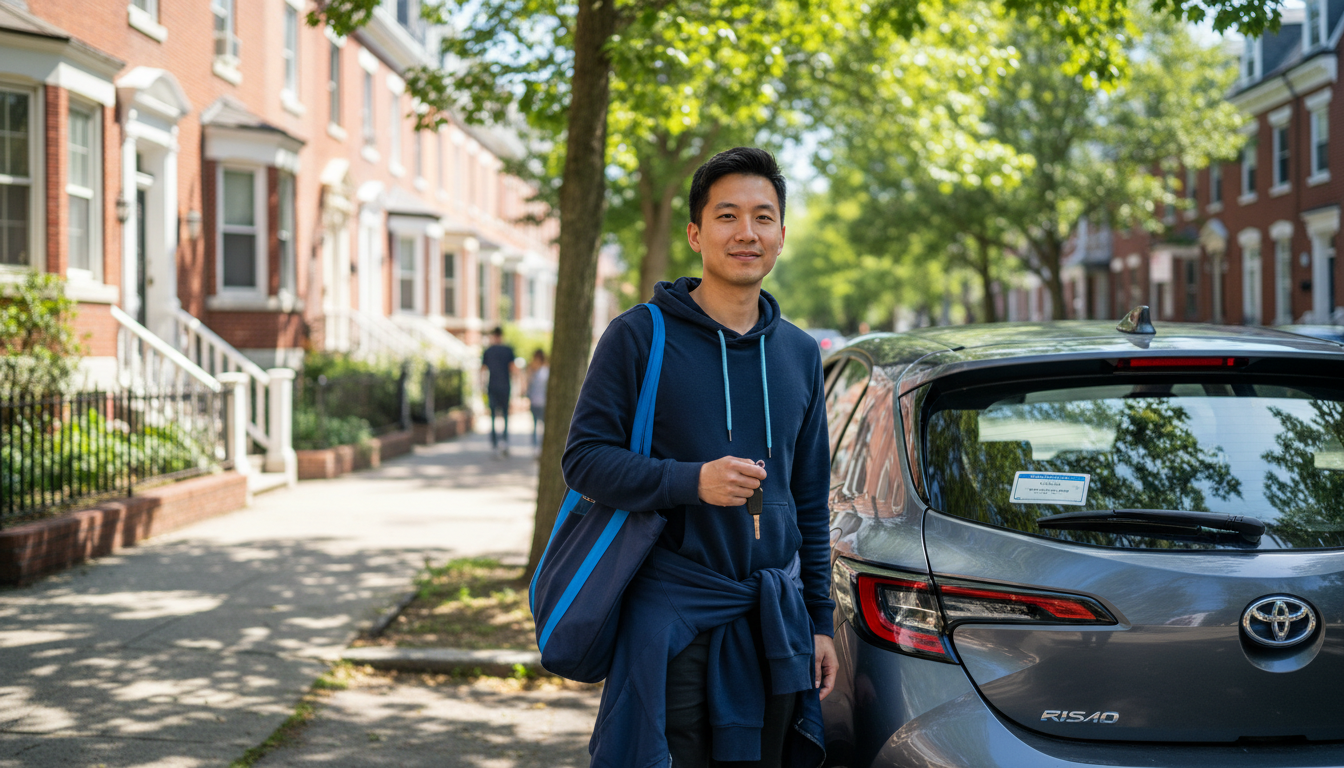 Renter standing behind a parked car on a tree-lined Boston side street, with a small permit sticker on the rear window