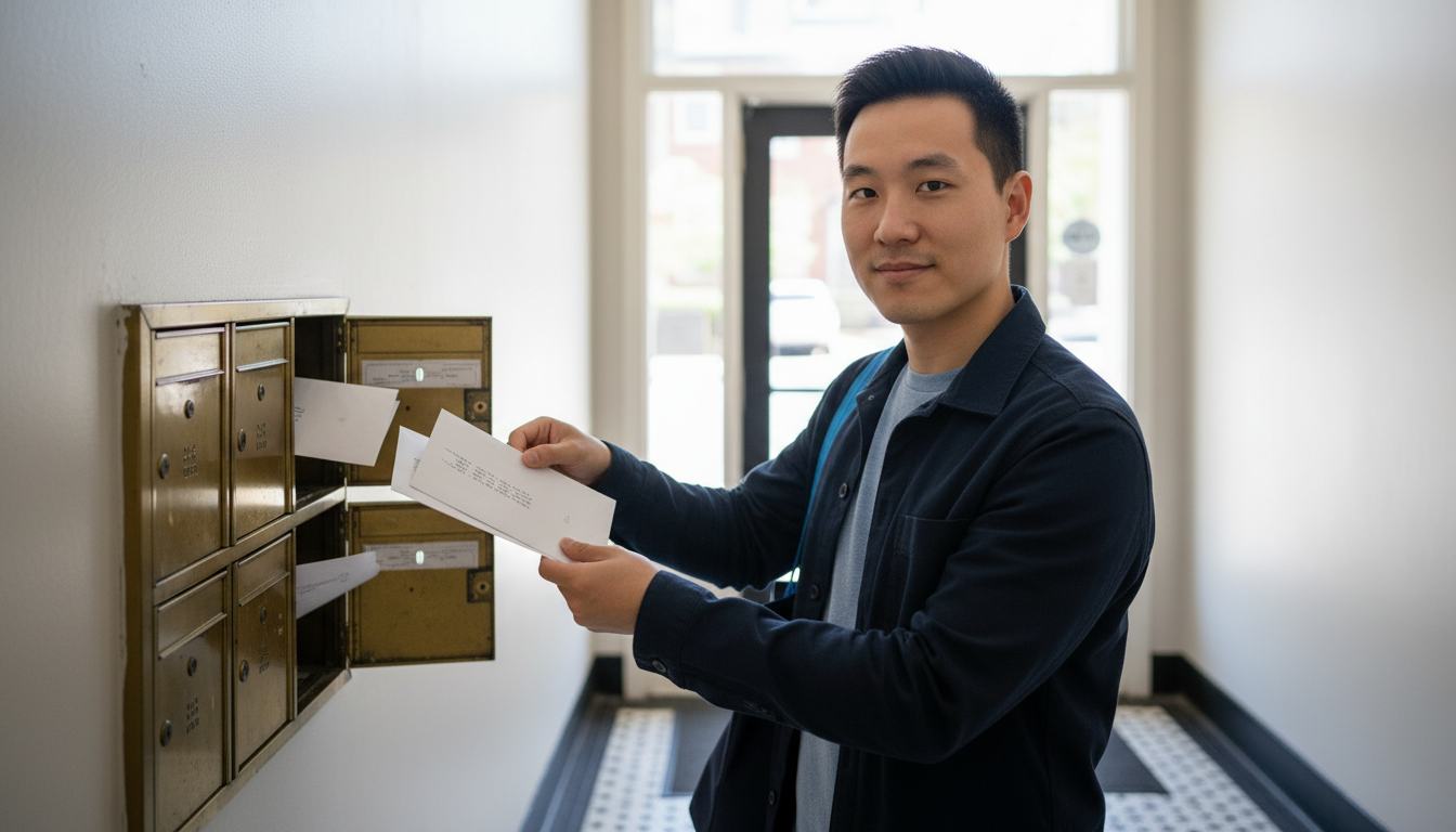 Renter opening a brass mailbox in the entry vestibule of a Boston apartment building and taking out two envelopes