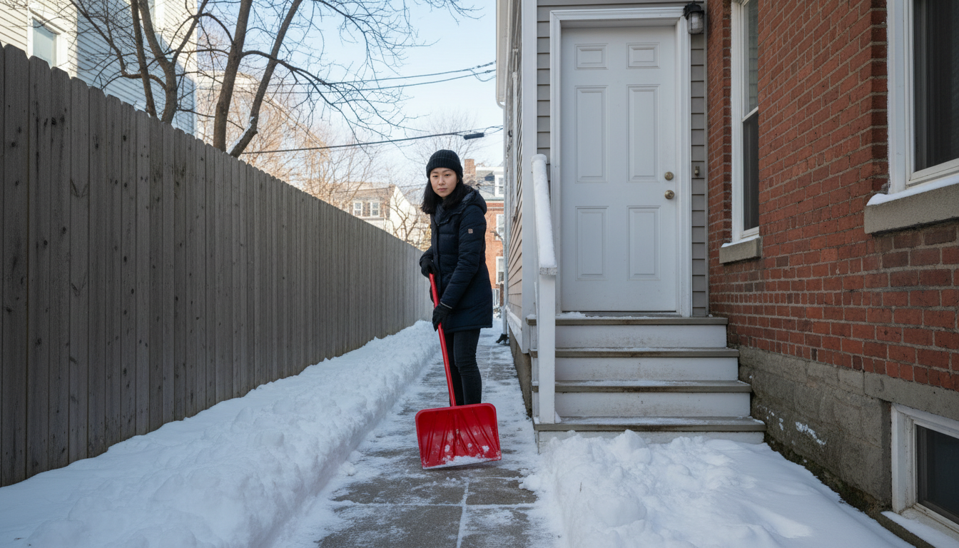 A woman shoveling snow beside the steps of a private side entrance on a Boston house in winter
