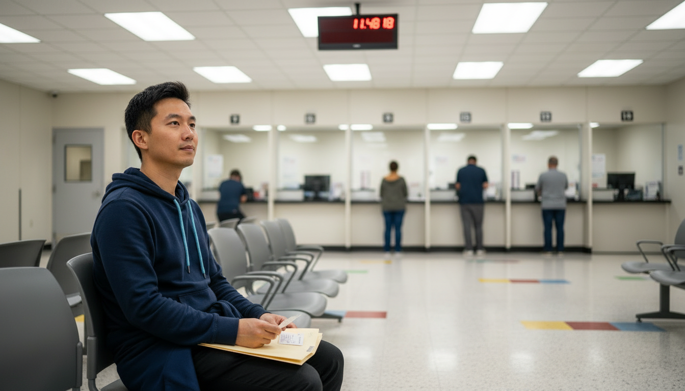 Renter sitting in the waiting area of a city government office, holding a queue ticket, with service windows behind him