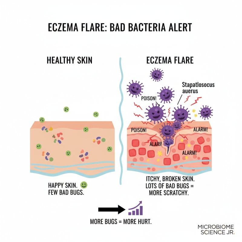 Staphylococcus aureus dominating skin microbiome during atopic dermatitis flare, showing toxin damage to skin barrier