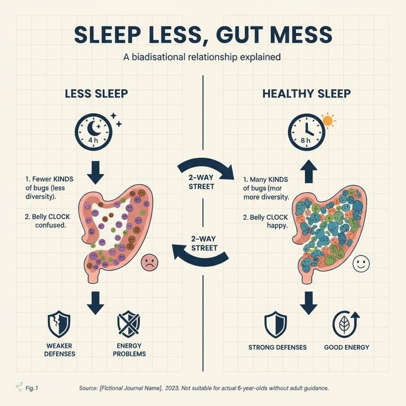Sleep deprivation disrupting gut microbiome circadian rhythm, showing reduced bacterial diversity and increased inflammation