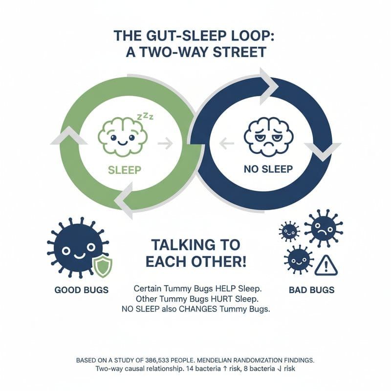 Bidirectional relationship between gut microbiome bacteria and insomnia, showing gut-brain communication pathways