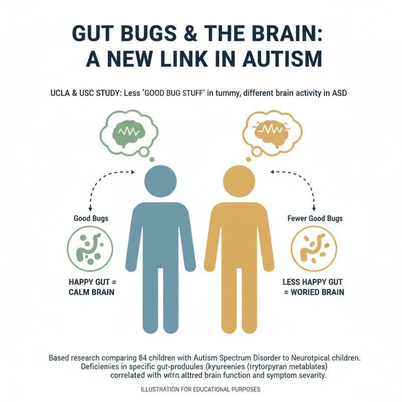 Gut-brain axis in autism showing missing neuroactive metabolites from gut bacteria affecting brain regions