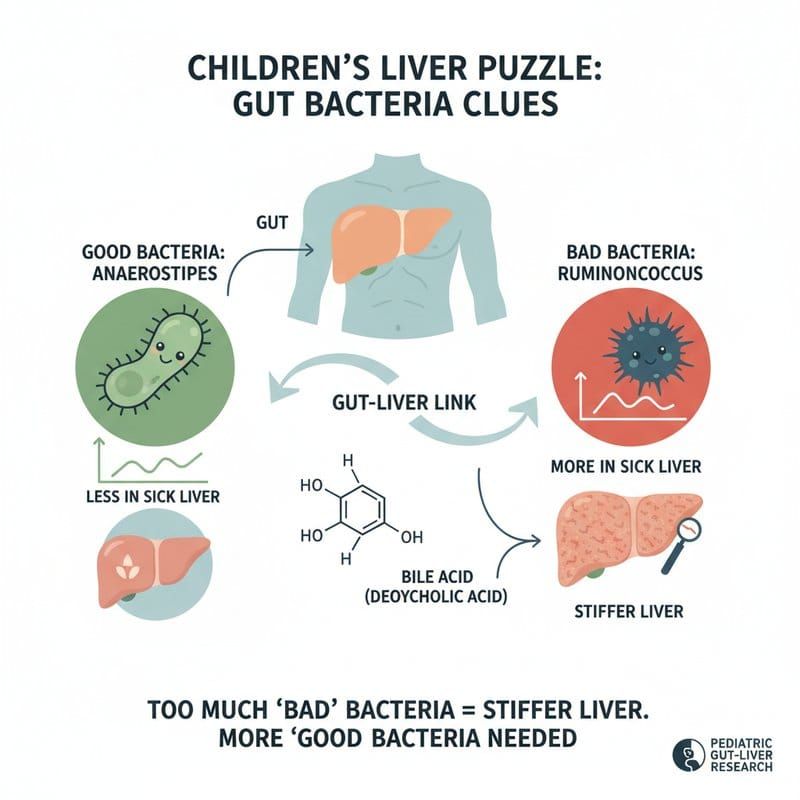 Gut-liver axis in MASLD showing bacteria driving bile acid changes and liver damage in children