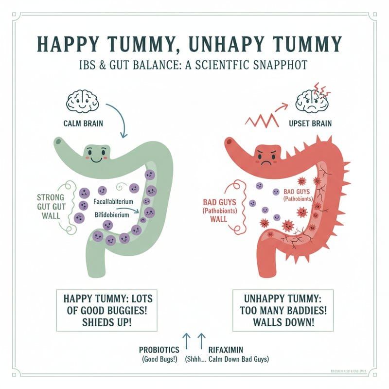Irritable bowel syndrome microbiome dysbiosis showing depleted Faecalibacterium and disrupted gut barrier