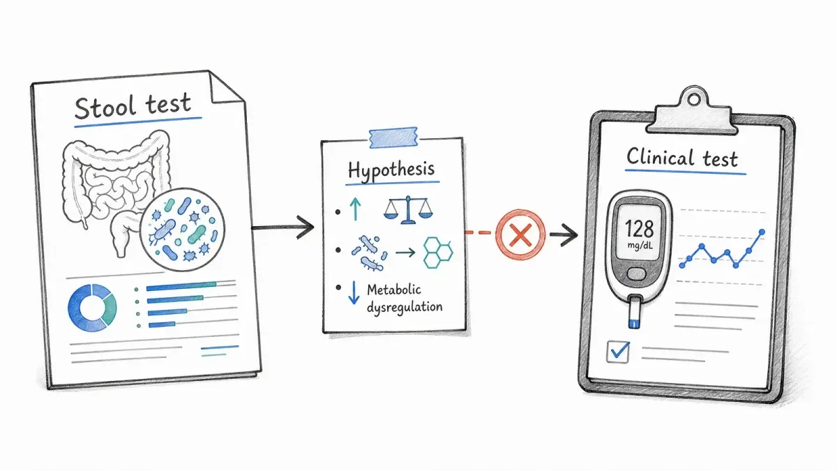 Whiteboard-Skizze eines Stuhltestberichts neben klinischer Diabeteskontrolle - Mikrobiomtests und Diabetes