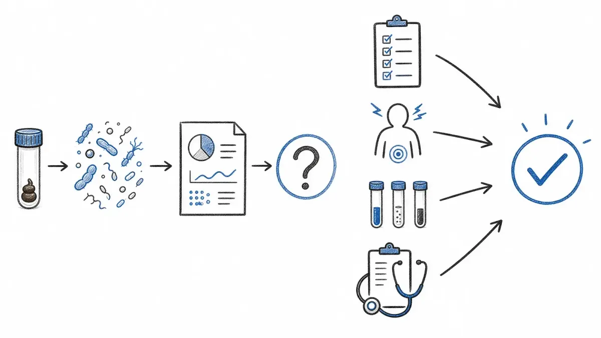 Whiteboard-Skizze von Stuhlprobe, Bericht, Fragezeichen und Checkliste - Darmmikrobiomtest