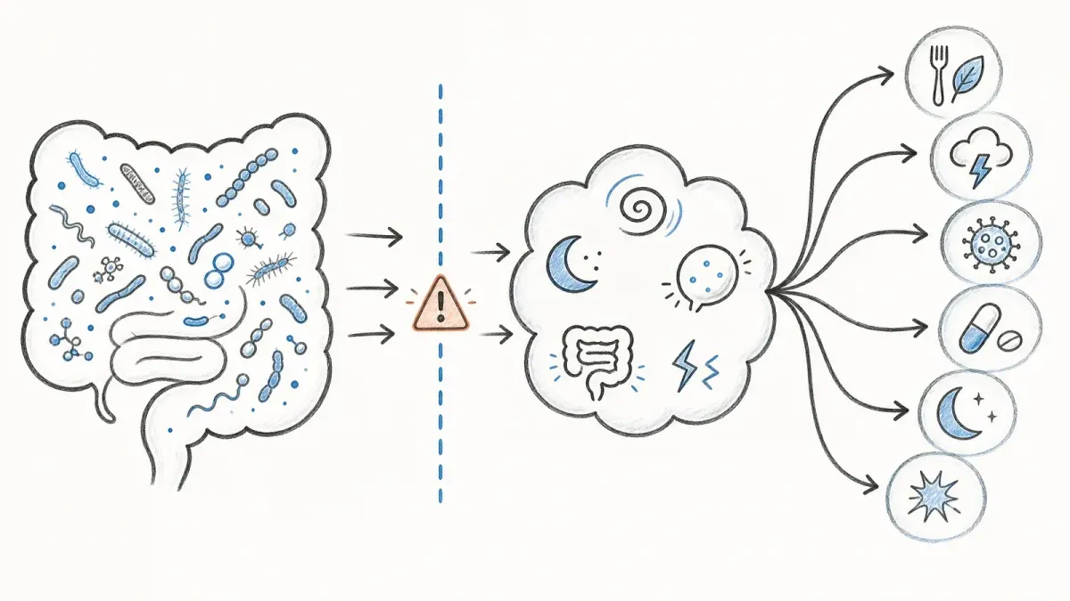 Whiteboard-Skizze von Darmmikroben, Symptom-Icons und verzweigten Wegen - Mikrobiomdiversität