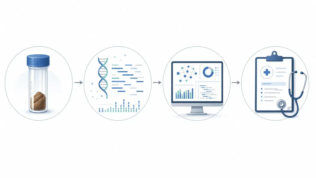 Whiteboard-Ablauf von Stuhlprobe zu DNA-Analyse, Datenfeld und klinischer Notiz  -  Darmmikrobiom untersuchen