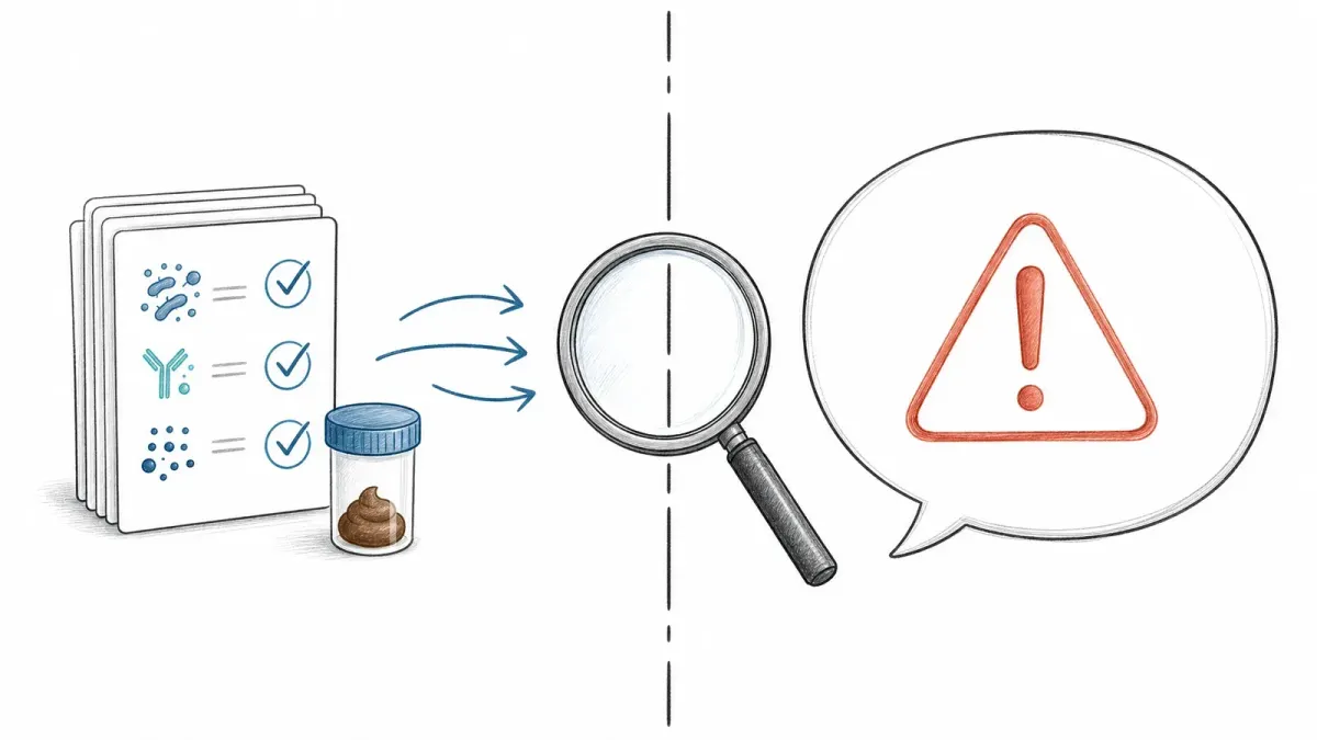 Whiteboard-Grafik mit Evidenzkarten und Übertreibungsblase zu Darm-Biomarkern - Biomarker für schlechte Darmgesundheit