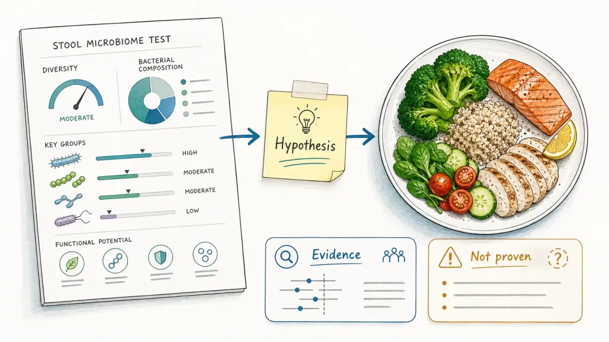 Whiteboard-Stuhltest führt zu Hypothese vor Mahlzeitenteller und Evidenzkarten — Ernährung per Mikrobiomtest