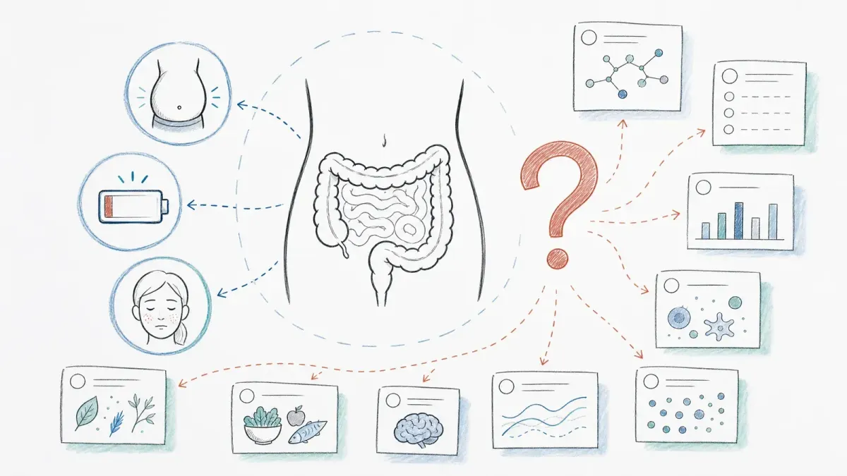 Darmskizze mit Beschwerdesymbolen, Fragezeichen und Evidenzkarten — Dirty-Gut-Symptome