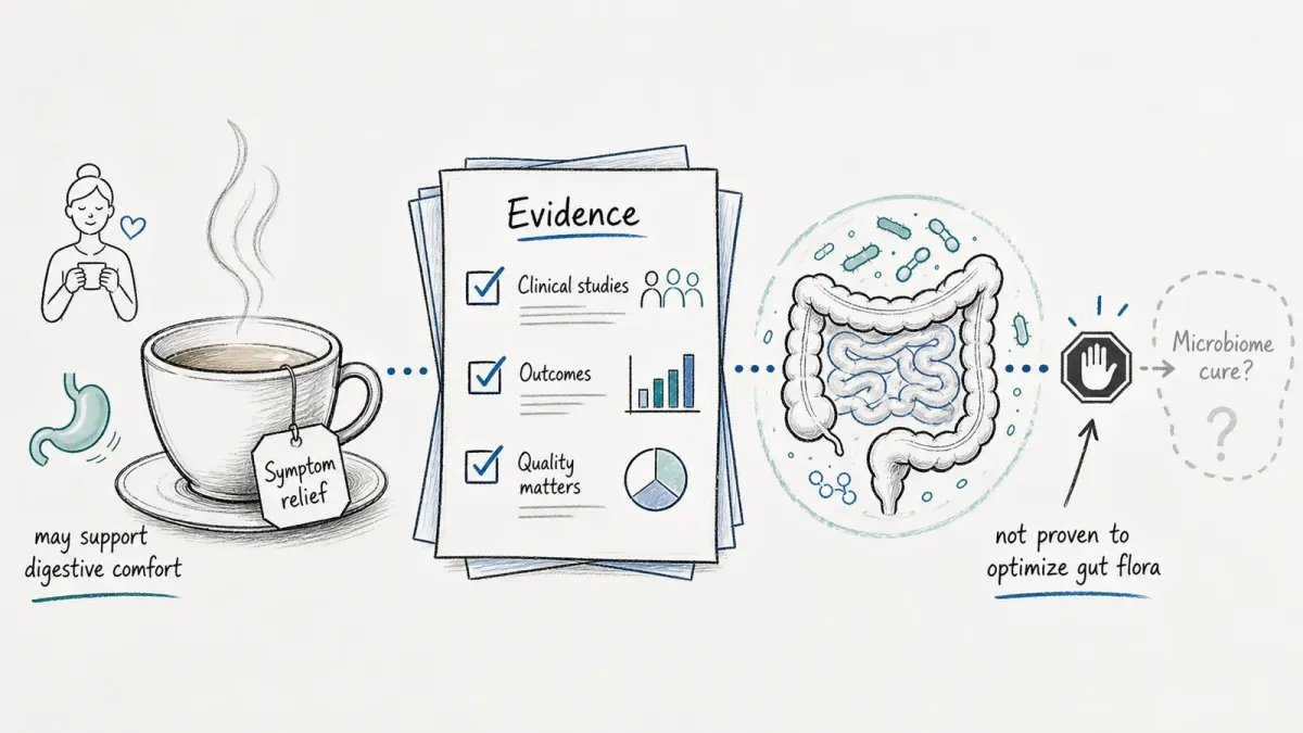 Whiteboard-Teetasse mit gestricheltem Pfeil zu Evidenzkarten und Darmsymbol — Tee für Darmflora