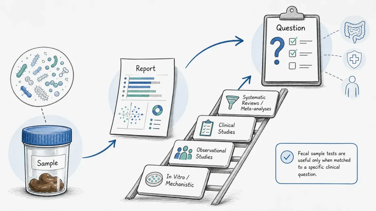 Whiteboard mit Stuhlprobe, Laborbericht und klinischer Frage — Methoden der Stuhlprobentests