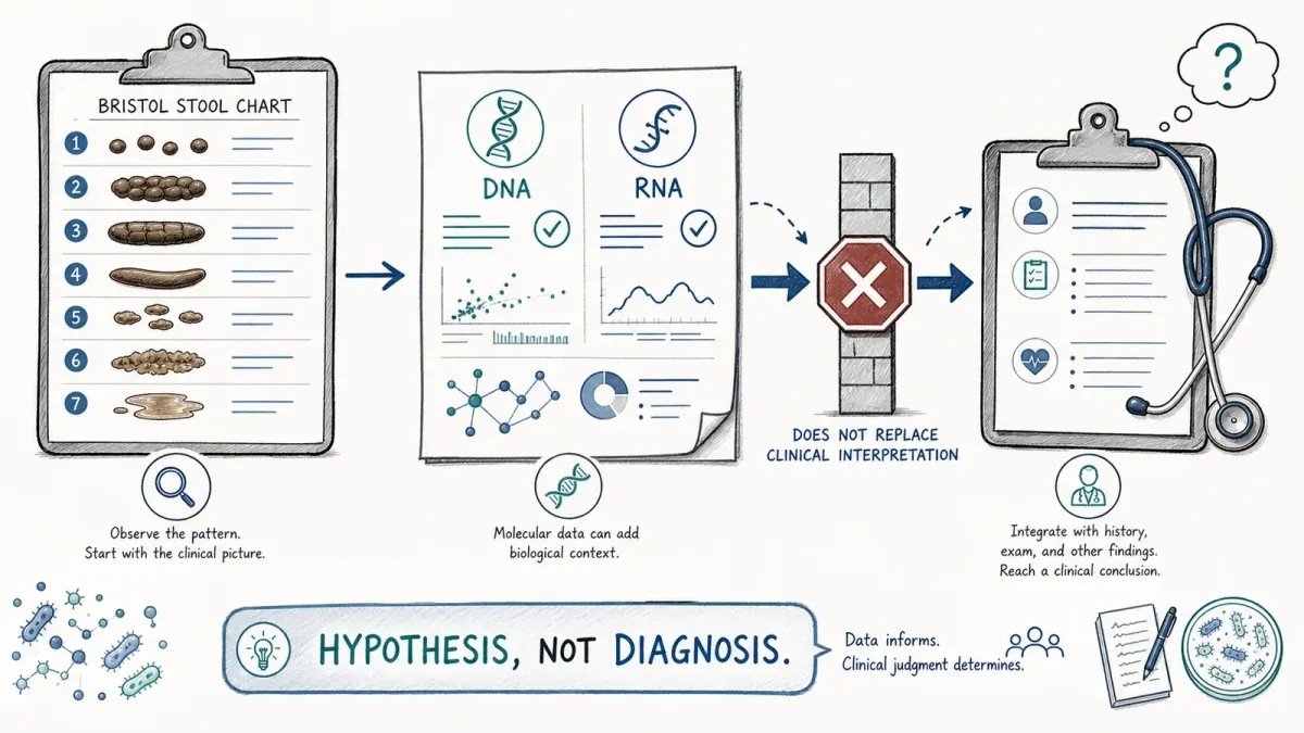 Whiteboard mit Bristol-Skala neben DNA- und RNA-Bericht, getrennt von Diagnose-Klemmbrett — Stuhl-DNA-RNA-Tests