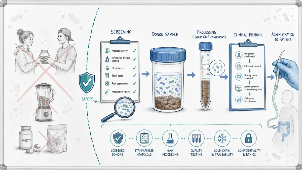 Whiteboard mit Spenderscreening-Checkliste, Mikrobiomprobe und klinischem Protokoll — Mikrobiomspende