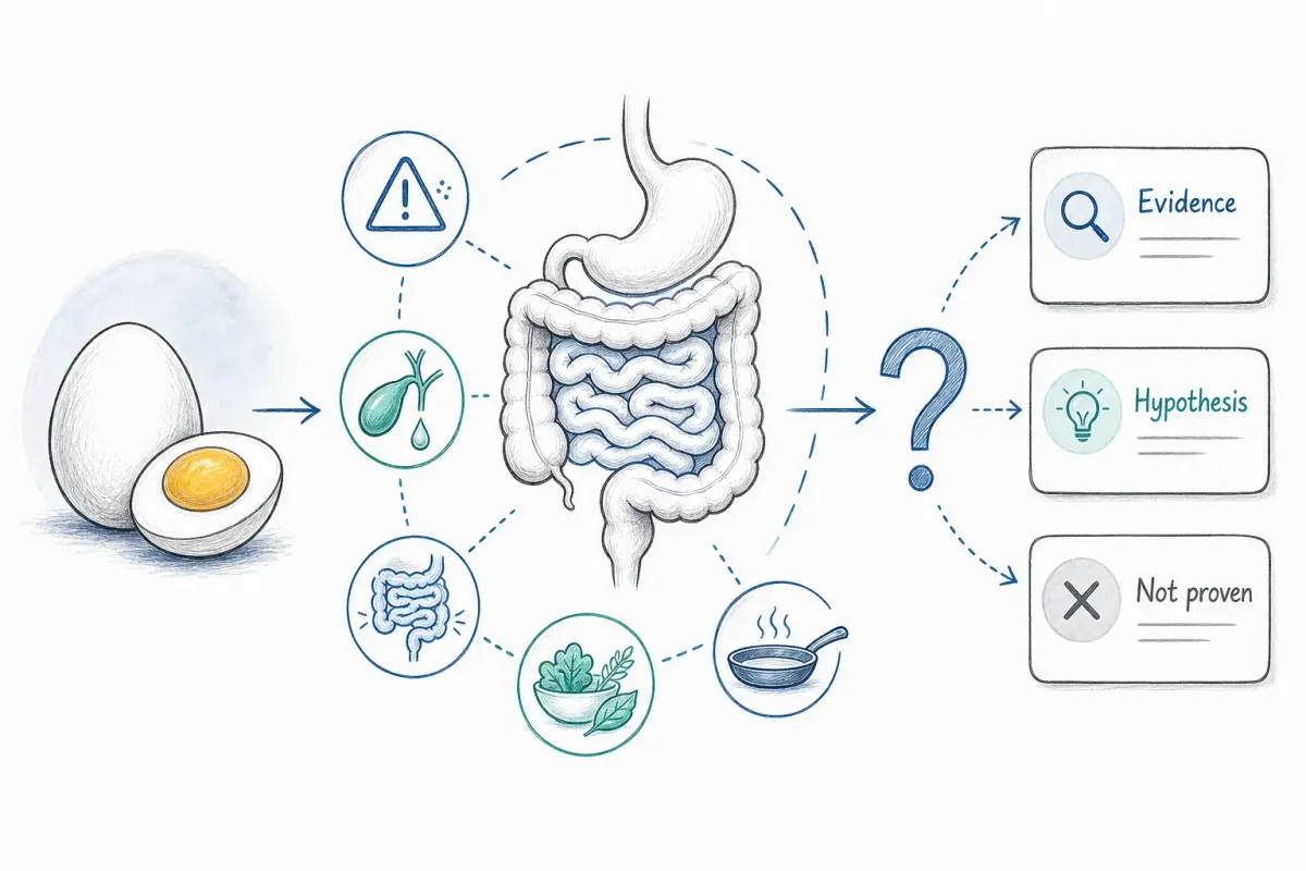 Whiteboard mit Ei, Darmumriss und Evidenzkarten mit Fragezeichen — Eier und Darmgesundheit
