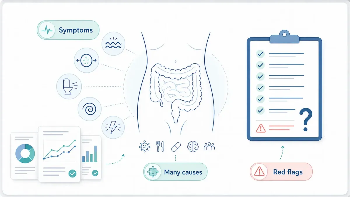 Whiteboard-Bauch mit Symptomsymbolen, Evidenzkarten und Warnzeichen-Checkliste — Darmprobleme erkennen