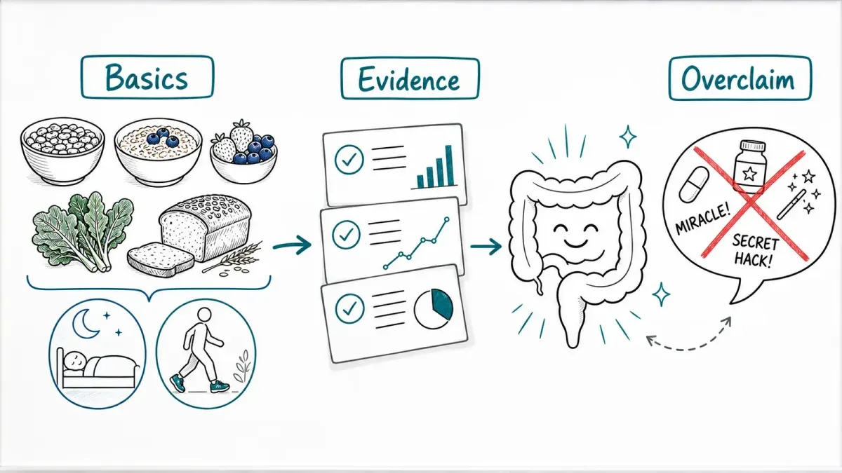Whiteboard mit Ballaststoffen, Schlaf und Bewegung zum Darm mit Evidenzkarten — Darmgesundheit natürlich verbessern