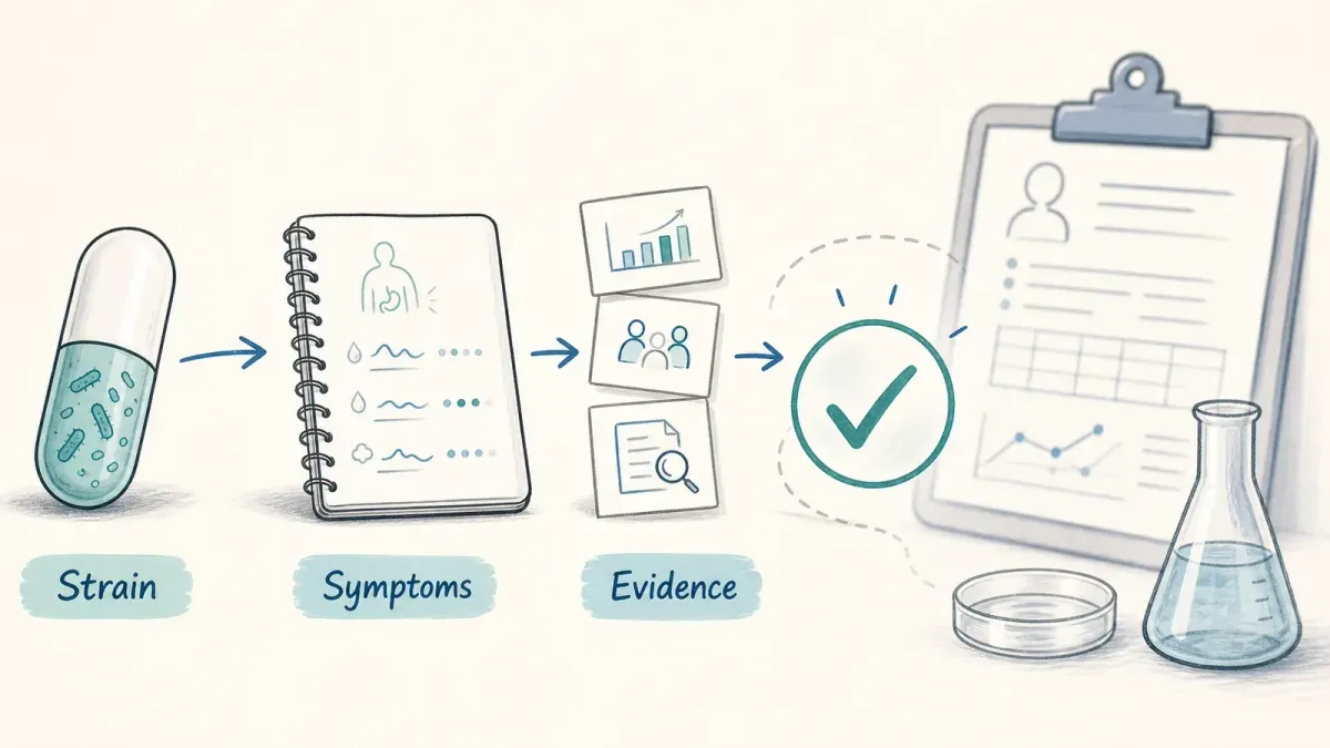 Whiteboard mit Probiotika-Kapsel, Symptomtagebuch und Evidenzkarten mit vorsichtigem Haken — Probiotika Wirkung