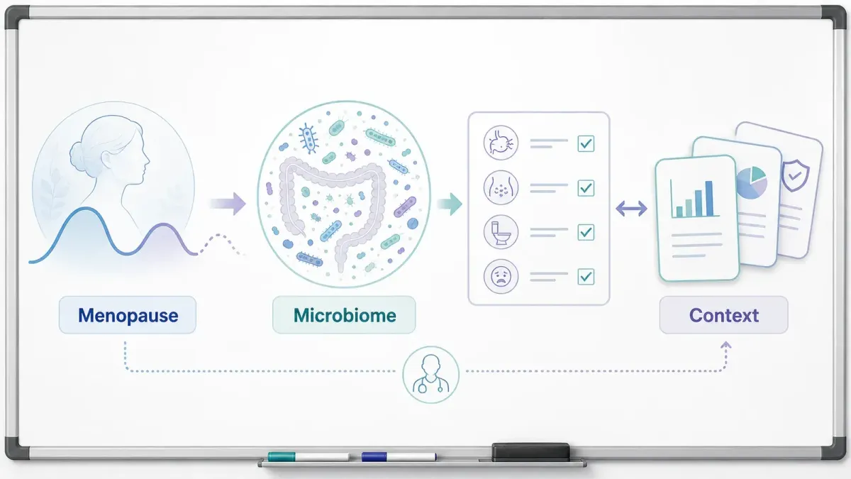 Whiteboard mit Hormonwelle, Mikrobiomkreis und Symptomliste mit Evidenzkarten — Darmgesundheit und Menopause