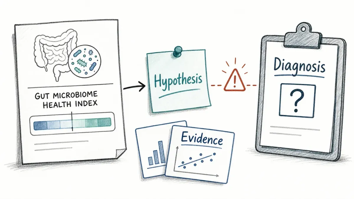 Whiteboard-Skizze Stuhl report pointing to a hypothesis note rather than a diagnosis clipboard — Darm microbiome health index