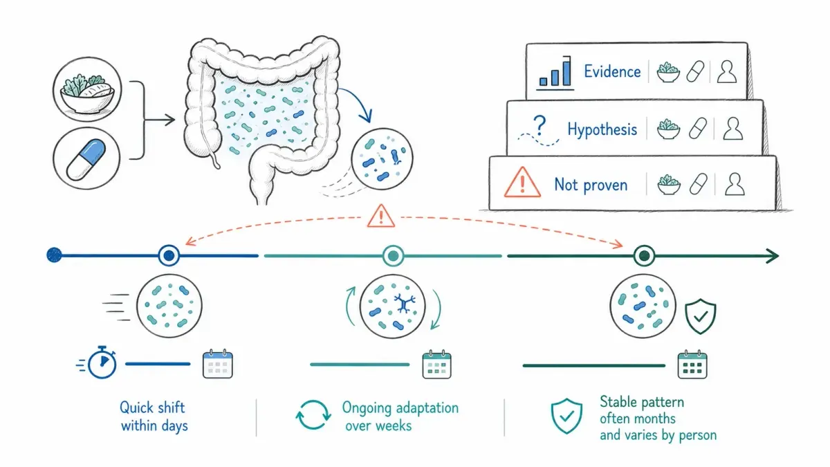 Whiteboard-Skizze timeline from early microbiome shift to stable recovery with evidence cards — microbiome recovery timeline