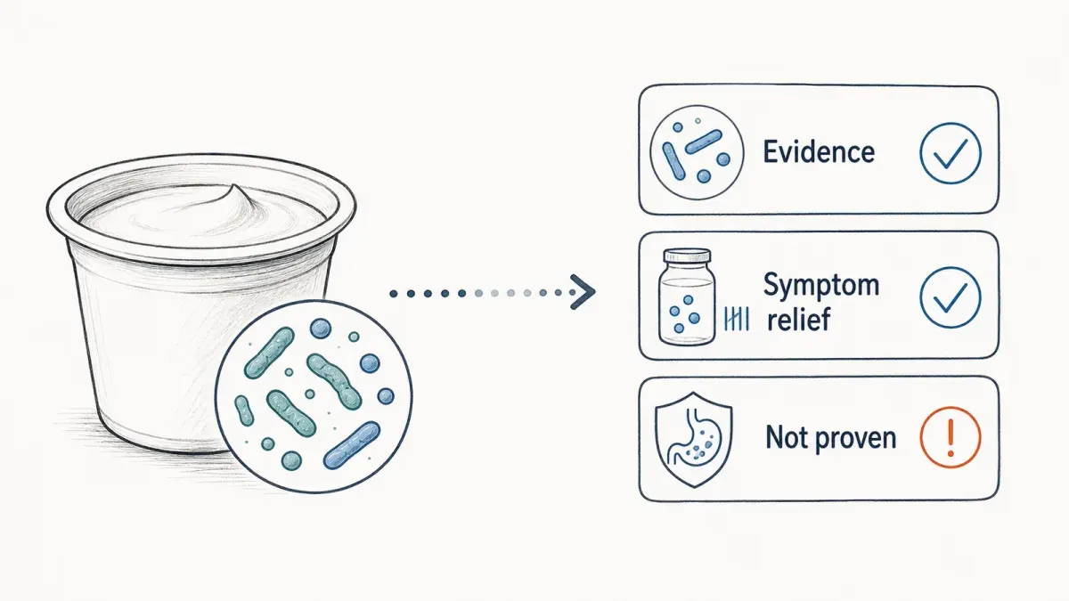 Whiteboard-Skizze yogurt cup connected by a dotted arrow to evidence cards — yogurt probiotics evidence