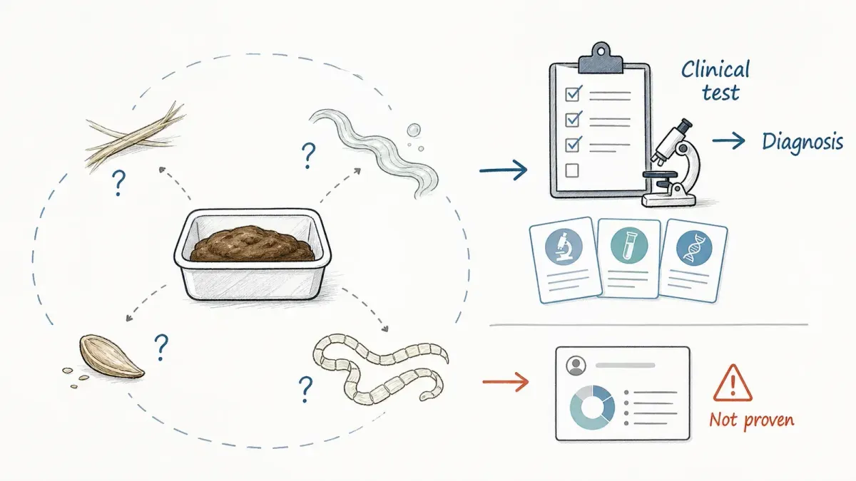 Whiteboard-Skizze Stuhl sample with question marks beside a clinical test clipboard — tapeworm lookalikes