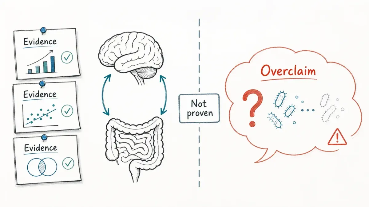 Whiteboard-Skizze brain-Darm axis separated from an overclaim bubble by evidence cards — Darm bacteria and depression
