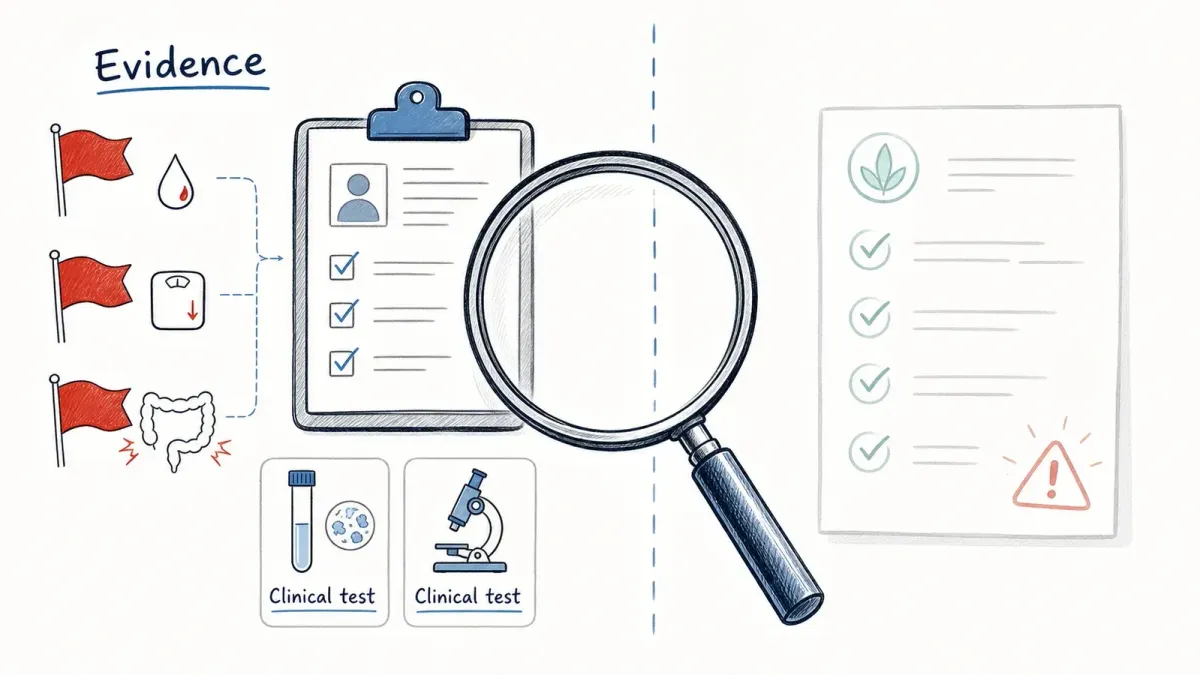 Whiteboard-Skizze red flags and clinical clipboard separated from a vague wellness checklist — serious intestinal condition signs